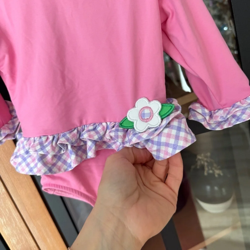 Florence Eiseman one piece swimsuit baby girl flower 3D gingham long sleeve